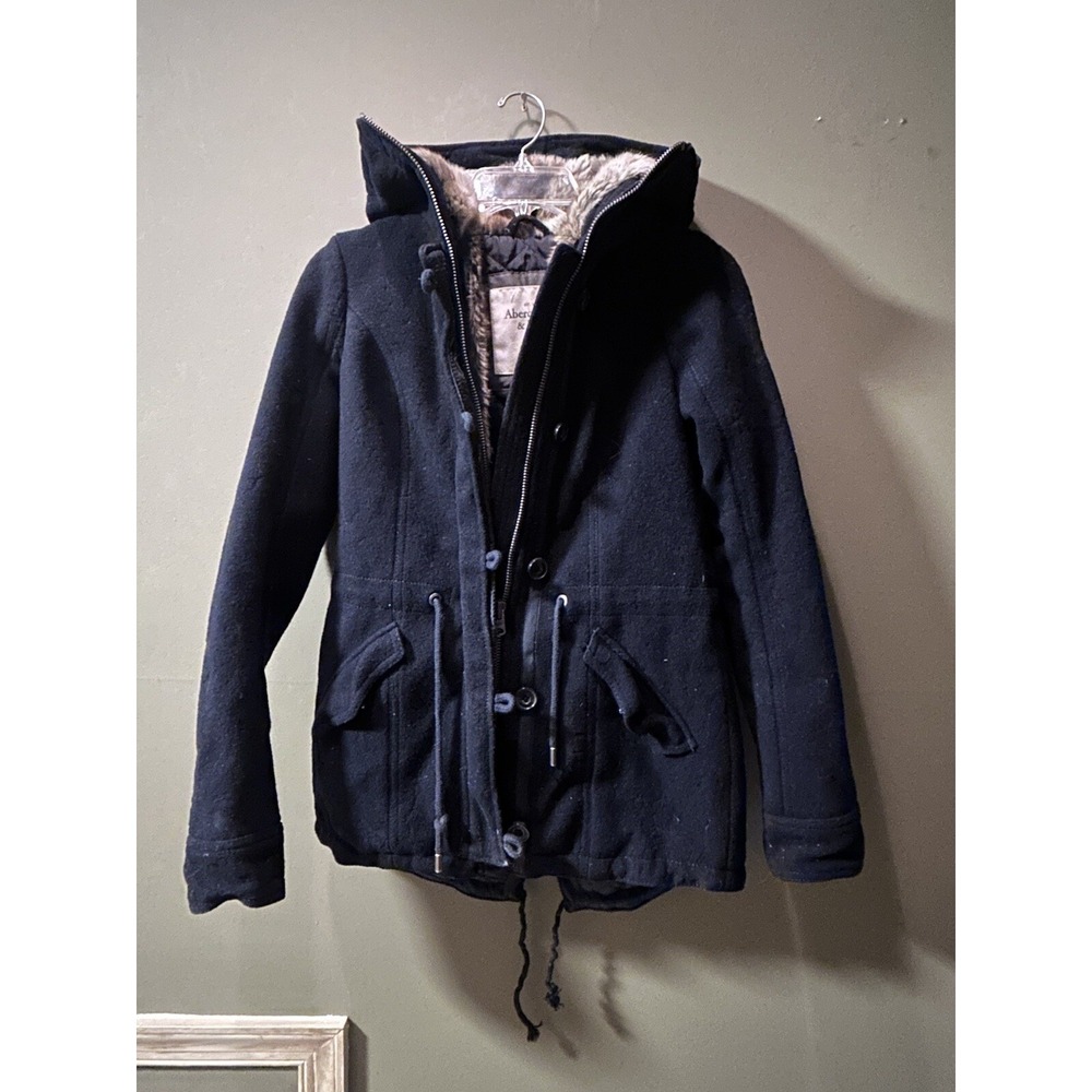 Abercrombie & Fitch Women's Blue Hooded Wool Blend Faux Fur 90s Y2K  XSmall